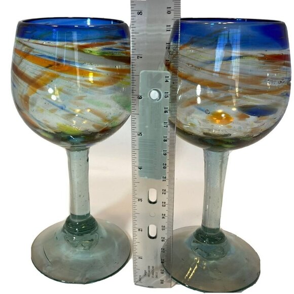 Artisan Hand Blown Recycled Confetti Blue Rim Wine Glasses Set of 2 - Picture 6 of 8